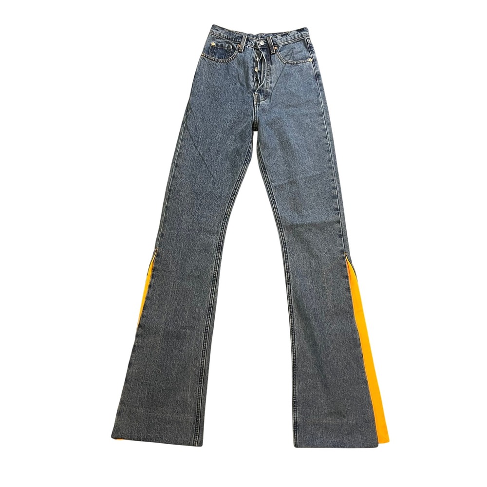 Solace London Hettie Jeans Blue Denim Yellow Contrast Flare Wide Leg US 2